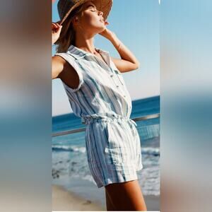 CHASER NEW Linen Blue & White Striped Buttoned Shorts Shirt Pocketed Romper M